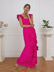 Lilac 3D Floral Sheath Formal Gown with Ruffle Sleeves