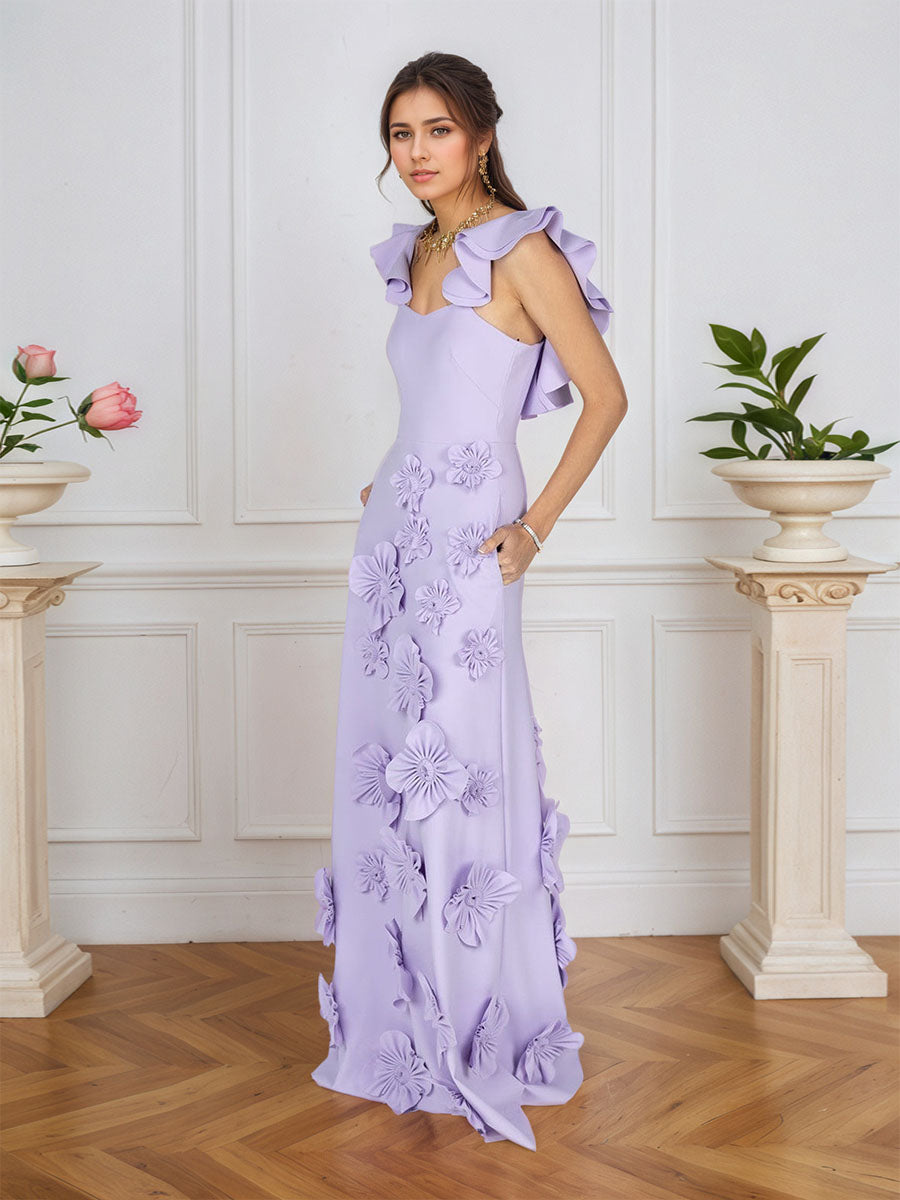 Lilac 3D Floral Sheath Formal Gown with Ruffle Sleeves