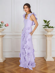 Lilac 3D Floral Sheath Formal Gown with Ruffle Sleeves