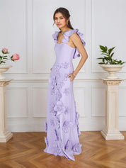 Lilac 3D Floral Sheath Formal Gown with Ruffle Sleeves