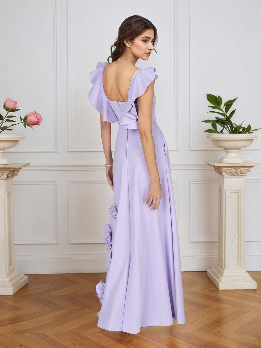 Lilac 3D Floral Sheath Formal Gown with Ruffle Sleeves