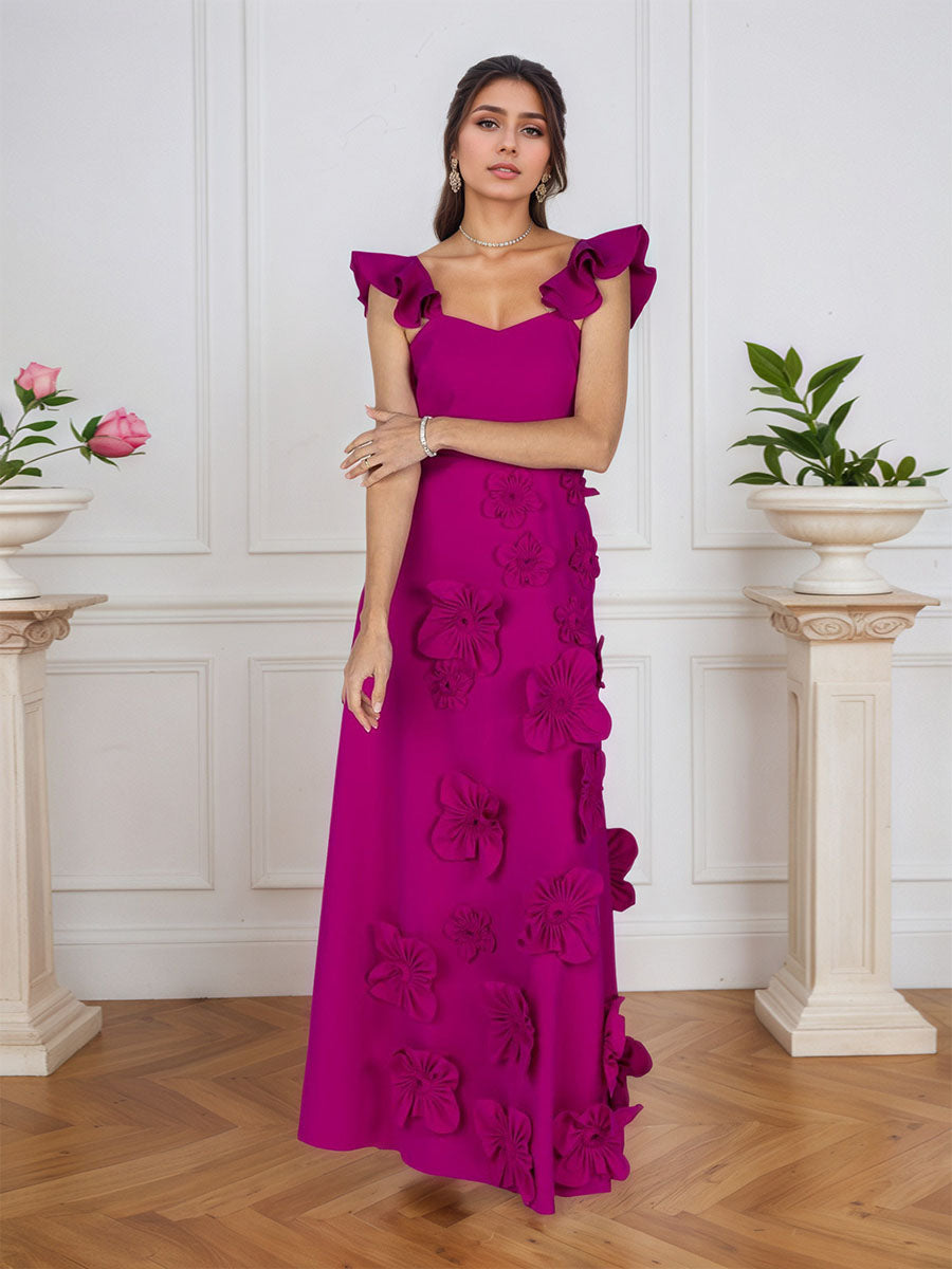 Lilac 3D Floral Sheath Formal Gown with Ruffle Sleeves