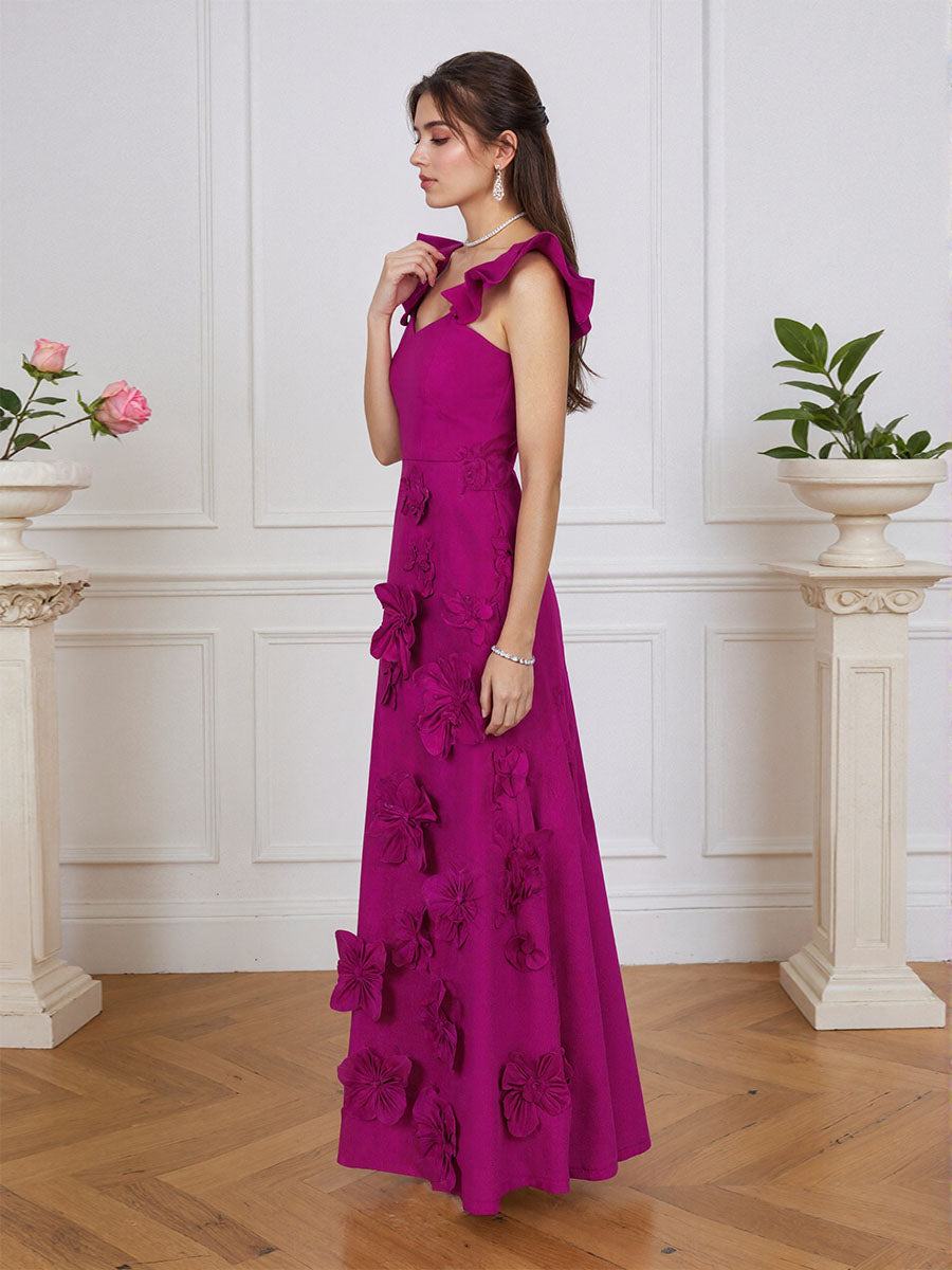 Lilac 3D Floral Sheath Formal Gown with Ruffle Sleeves