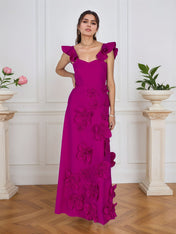 Lilac 3D Floral Sheath Formal Gown with Ruffle Sleeves