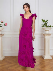 Lilac 3D Floral Sheath Formal Gown with Ruffle Sleeves