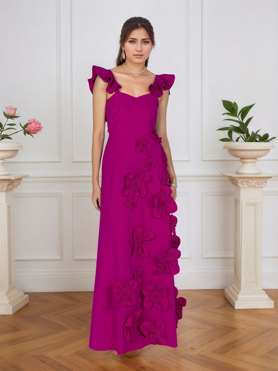 Lilac 3D Floral Sheath Formal Gown with Ruffle Sleeves