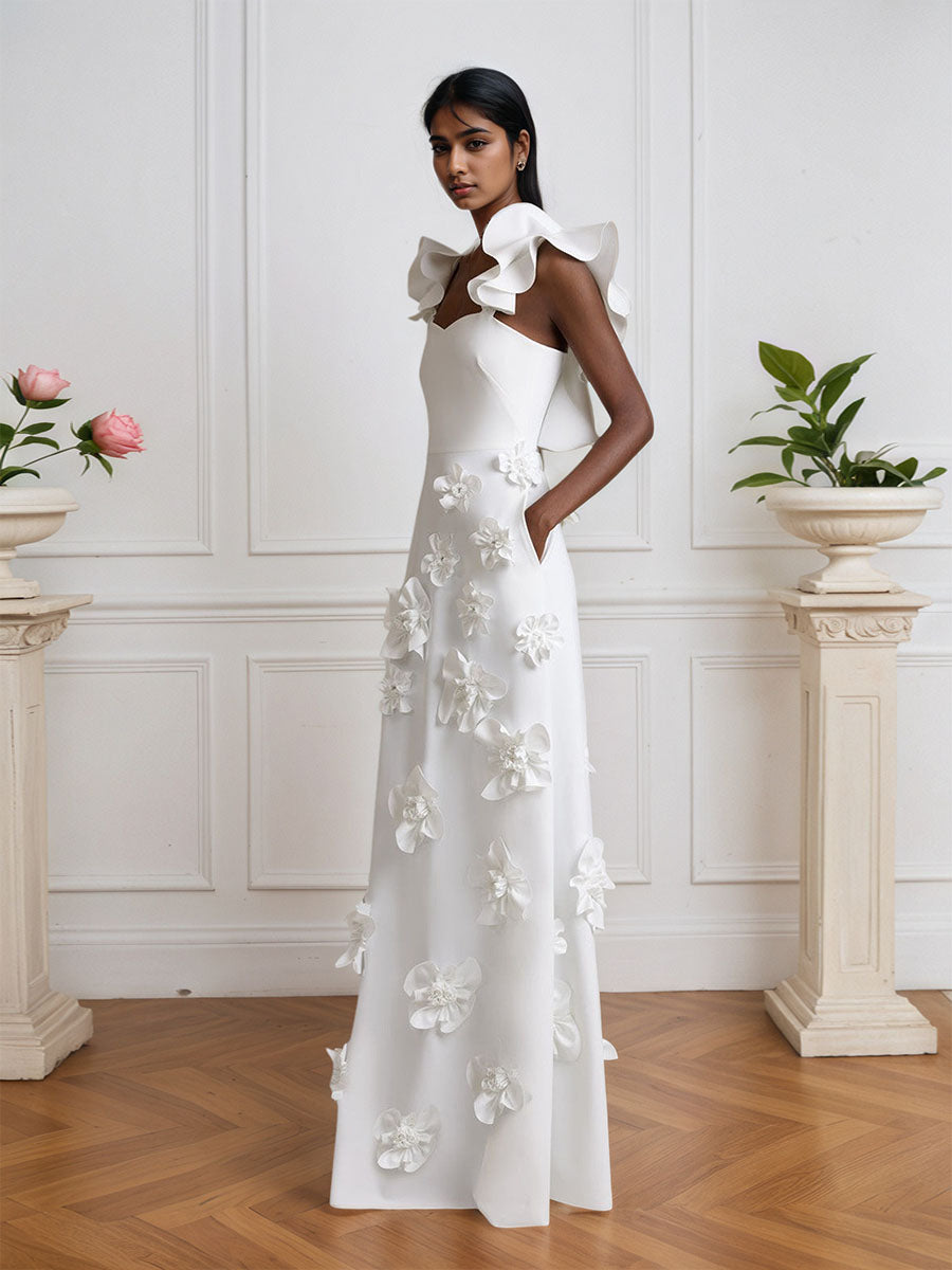 Lilac 3D Floral Sheath Formal Gown with Ruffle Sleeves