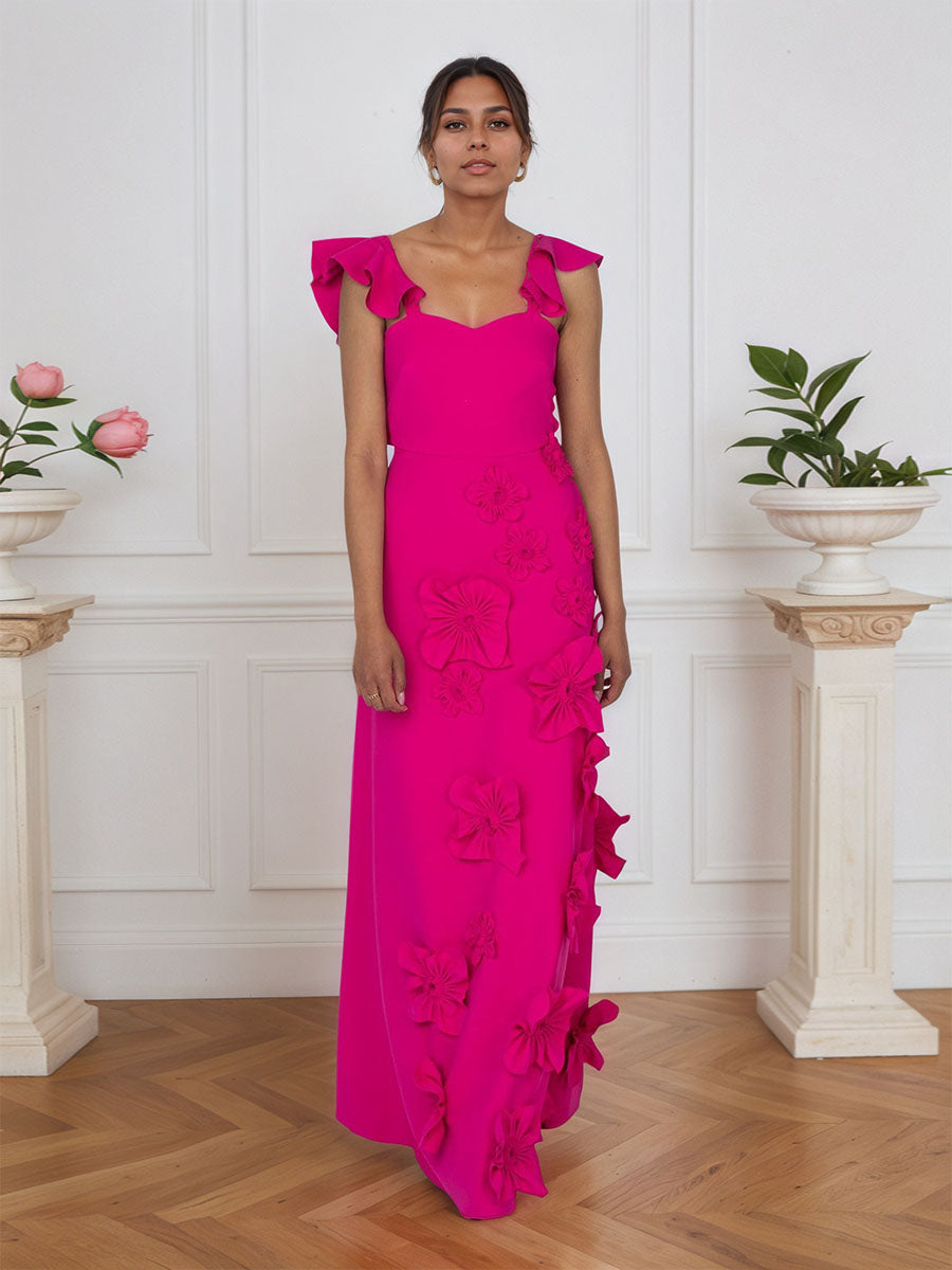 Lilac 3D Floral Sheath Formal Gown with Ruffle Sleeves