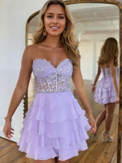 Lilac A-Line Sweetheart Short Tiered Lace Top Homecoming Dress