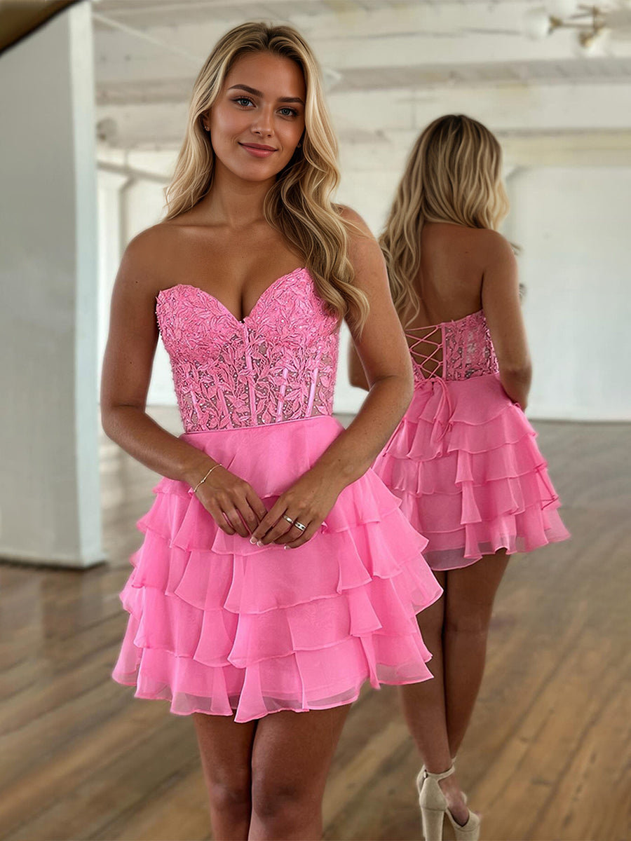Lilac A-Line Sweetheart Short Tiered Lace Top Homecoming Dress