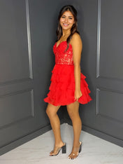 A-Line Sweetheart Short Tiered Lace Top Homecoming Dress