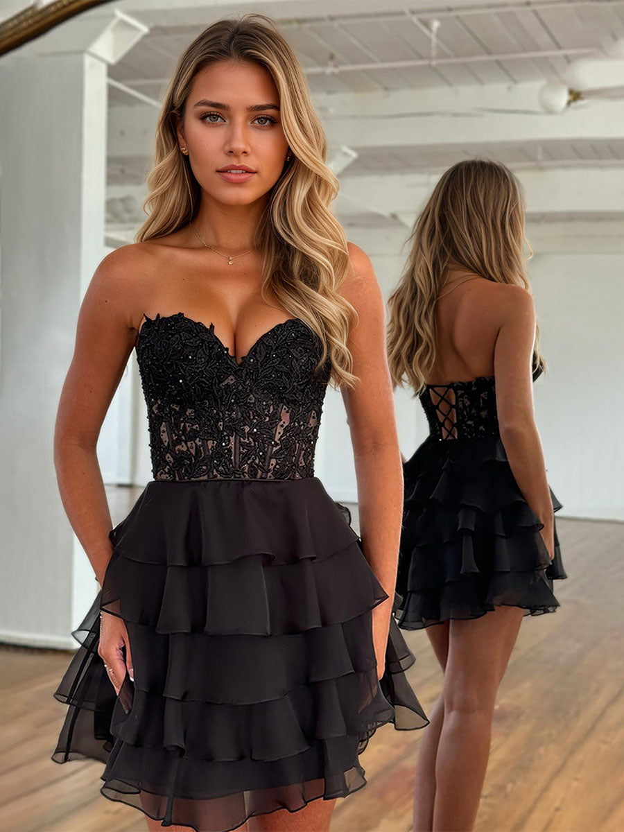 A-Line Sweetheart Short Tiered Lace Top Homecoming Dress
