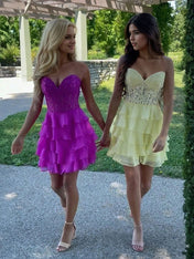 A-Line Sweetheart Short Tiered Lace Top Homecoming Dress
