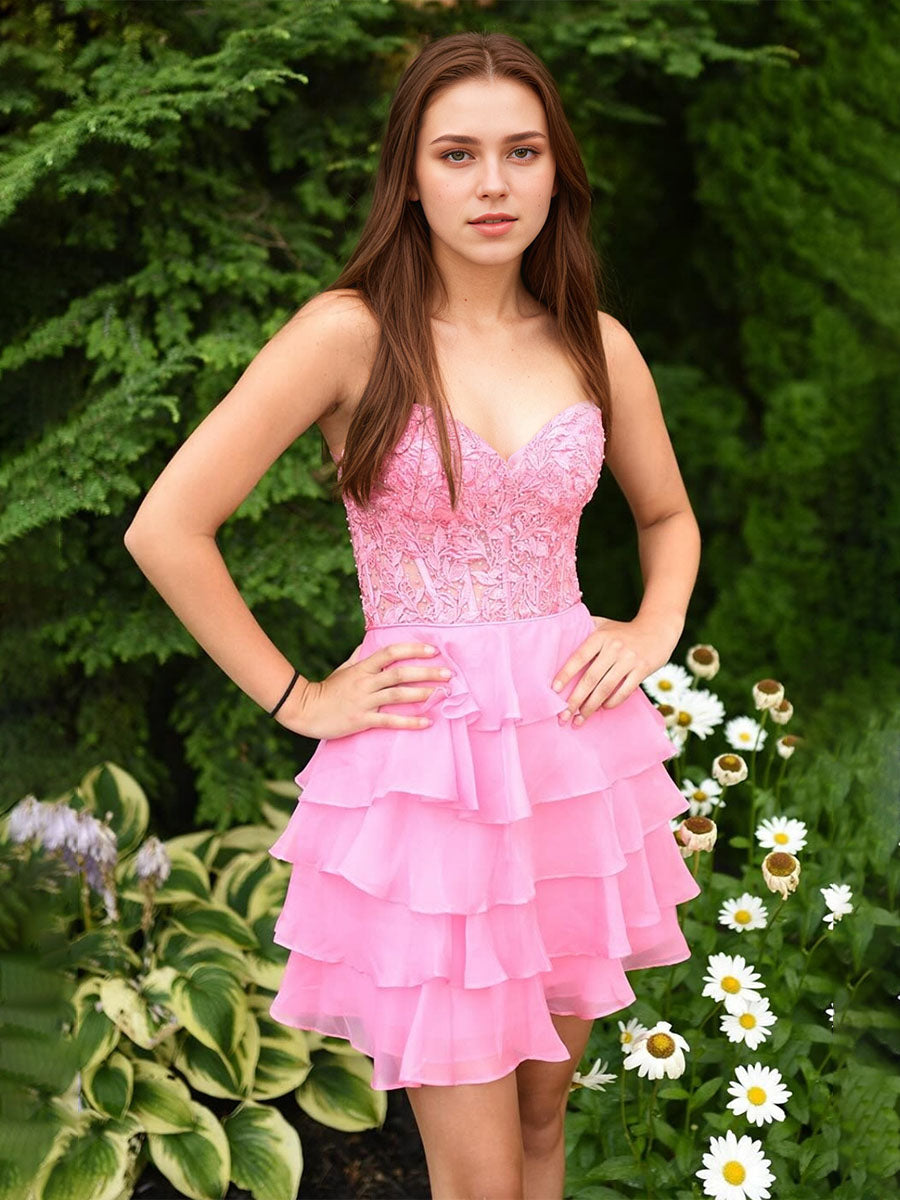 Lilac A-Line Sweetheart Short Tiered Lace Top Homecoming Dress