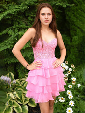 A-Line Sweetheart Short Tiered Lace Top Homecoming Dress