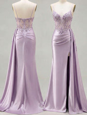 Lilac Beaded Corset Satin Long Prom Dress with High Slit