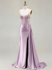 Lilac Beaded Corset Satin Long Prom Dress with High Slit