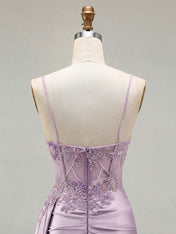 Lilac Beaded Corset Satin Long Prom Dress with High Slit