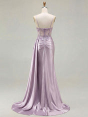 Lilac Beaded Corset Satin Long Prom Dress with High Slit