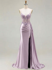 Lilac Beaded Corset Satin Long Prom Dress with High Slit