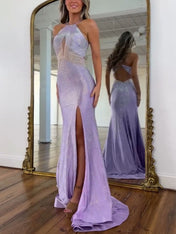 Lilac Crystal Embellished Halter Cutout Long Prom Dress