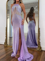 Lilac Crystal Embellished Halter Cutout Long Prom Dress