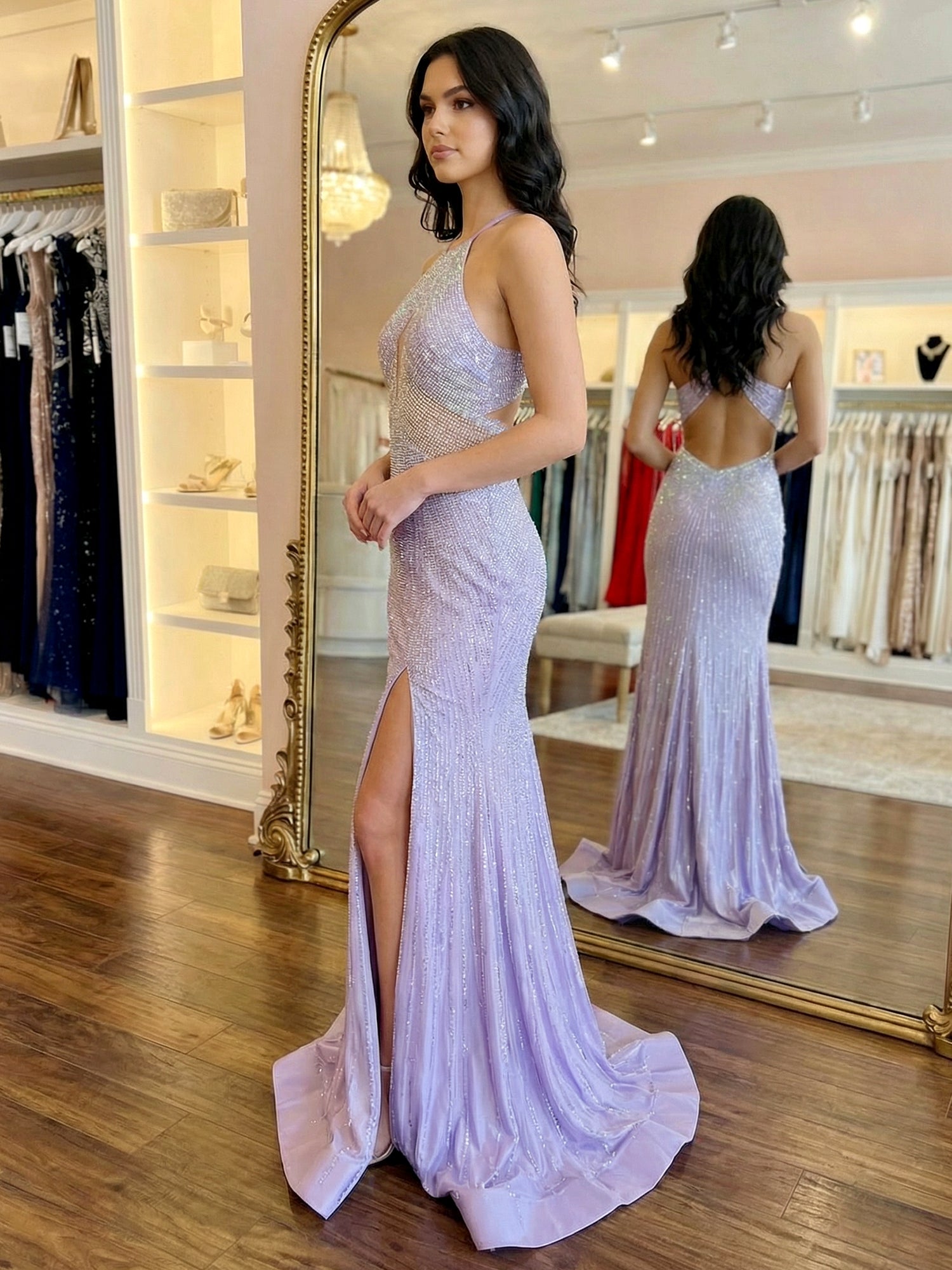 Lilac Crystal Embellished Halter Cutout Long Prom Dress with Slit
