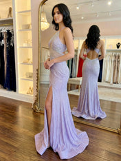 Lilac Crystal Embellished Halter Cutout Long Prom Dress with Slit