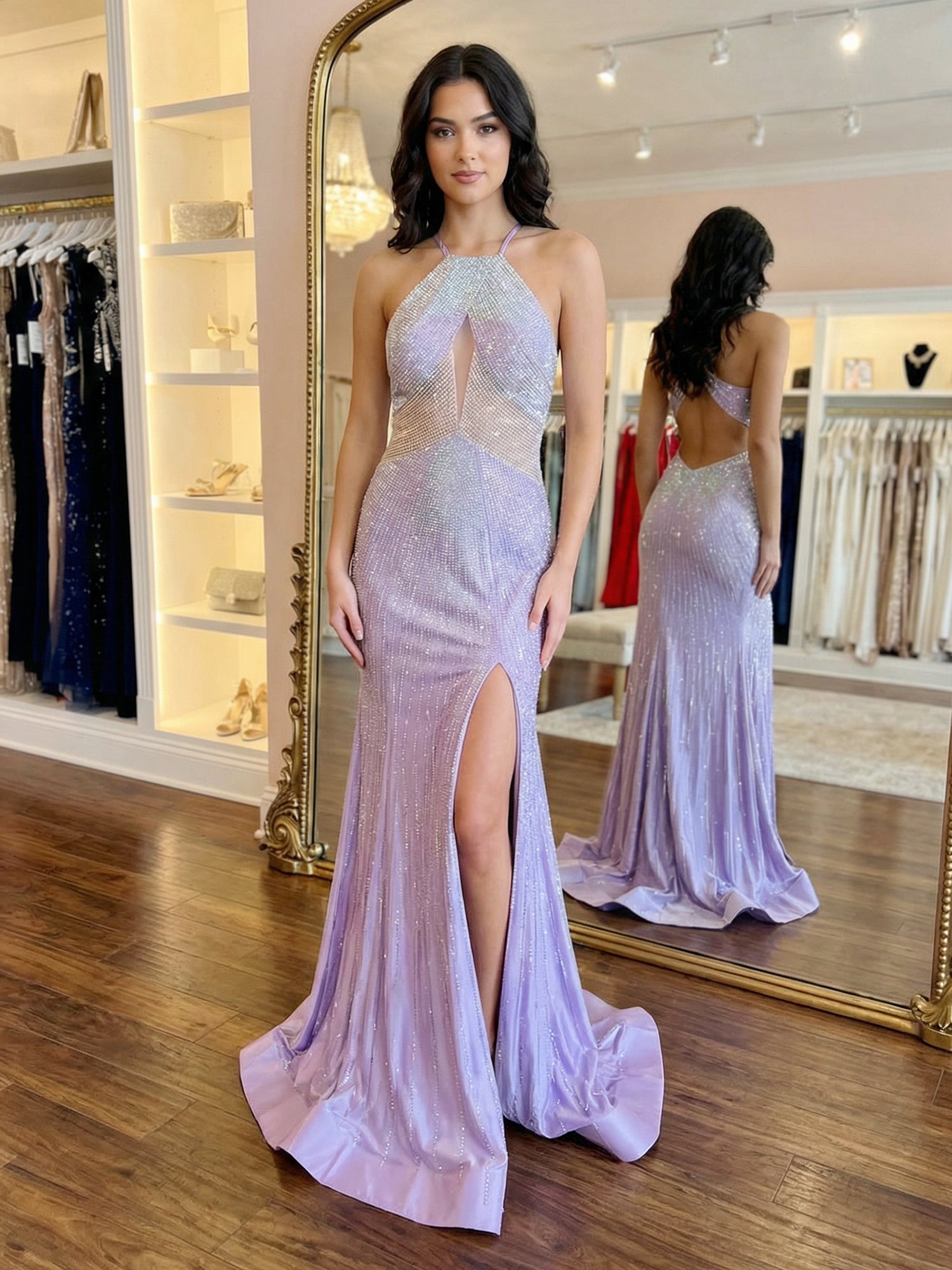 Lilac Crystal Embellished Halter Cutout Long Prom Dress with Slit
