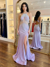 Lilac Crystal Embellished Halter Cutout Long Prom Dress with Slit