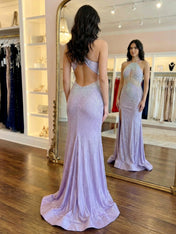 Lilac Crystal Embellished Halter Cutout Long Prom Dress with Slit