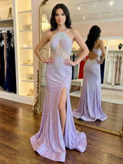 Lilac Crystal Embellished Halter Cutout Long Prom Dress with Slit