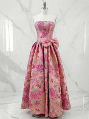 Pink Floral A Line Strapless Long Prom Dresses with Bow
