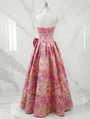 Pink Floral A Line Strapless Long Prom Dresses with Bow