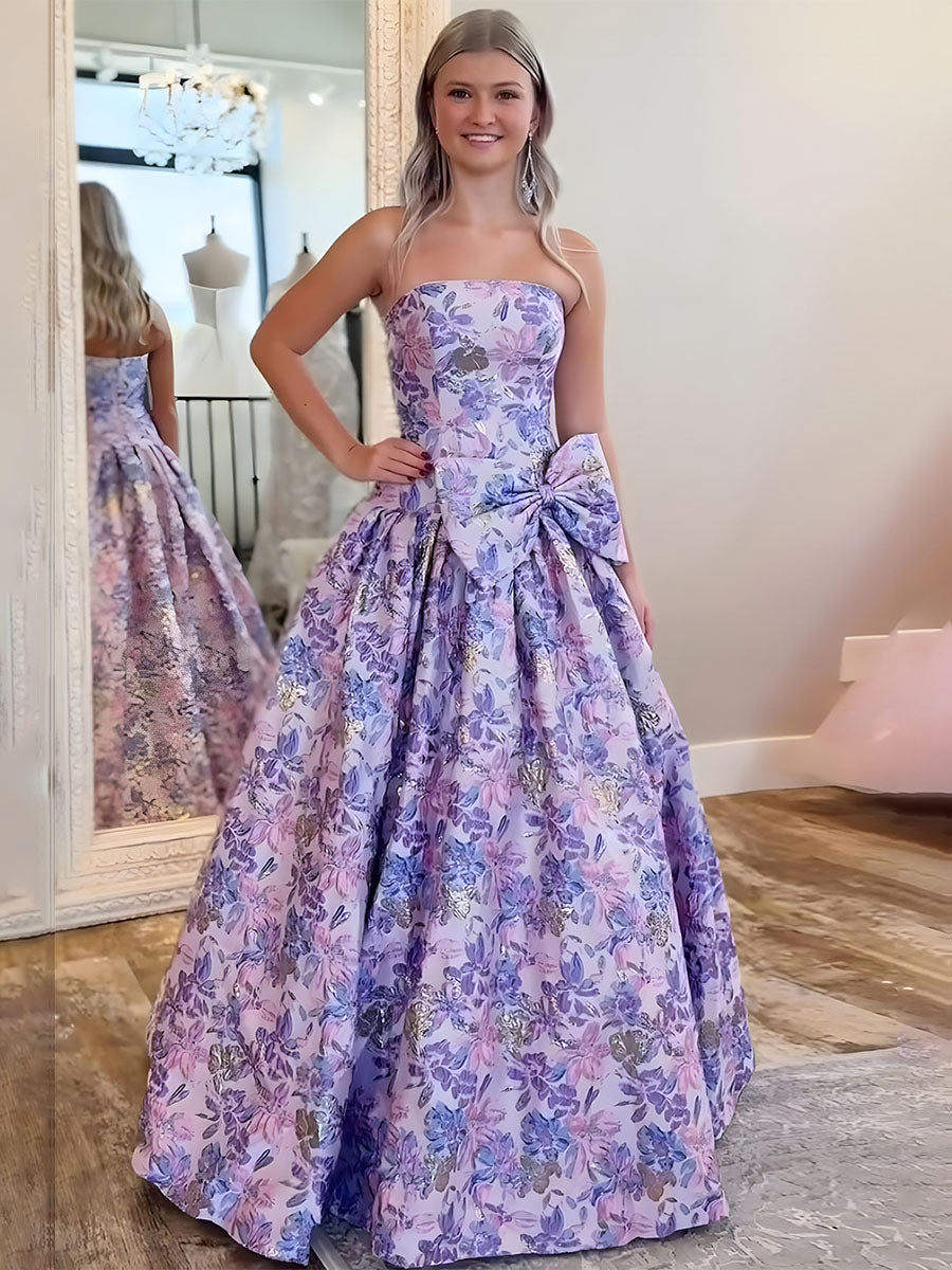 Lilac Floral A Line Strapless Long Prom Dress with Bow