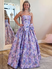 Lilac Floral A Line Strapless Long Prom Dress with Bow