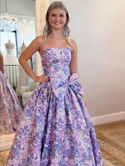 Lilac Floral A Line Strapless Long Prom Dress with Bow