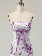 Lilac Flower Mermaid Strapless Tiered Print Long Prom Dress with Ruffles