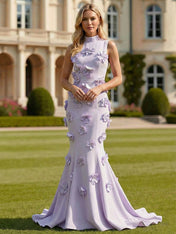 Lilac High-Neck 3D Floral Mermaid Evening Gown