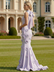 Lilac High-Neck 3D Floral Mermaid Evening Gown