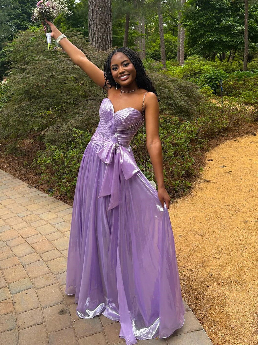 Dreamylily Prom Dress Lilac Metallic Strapless A-Line Evening Gown with Bow