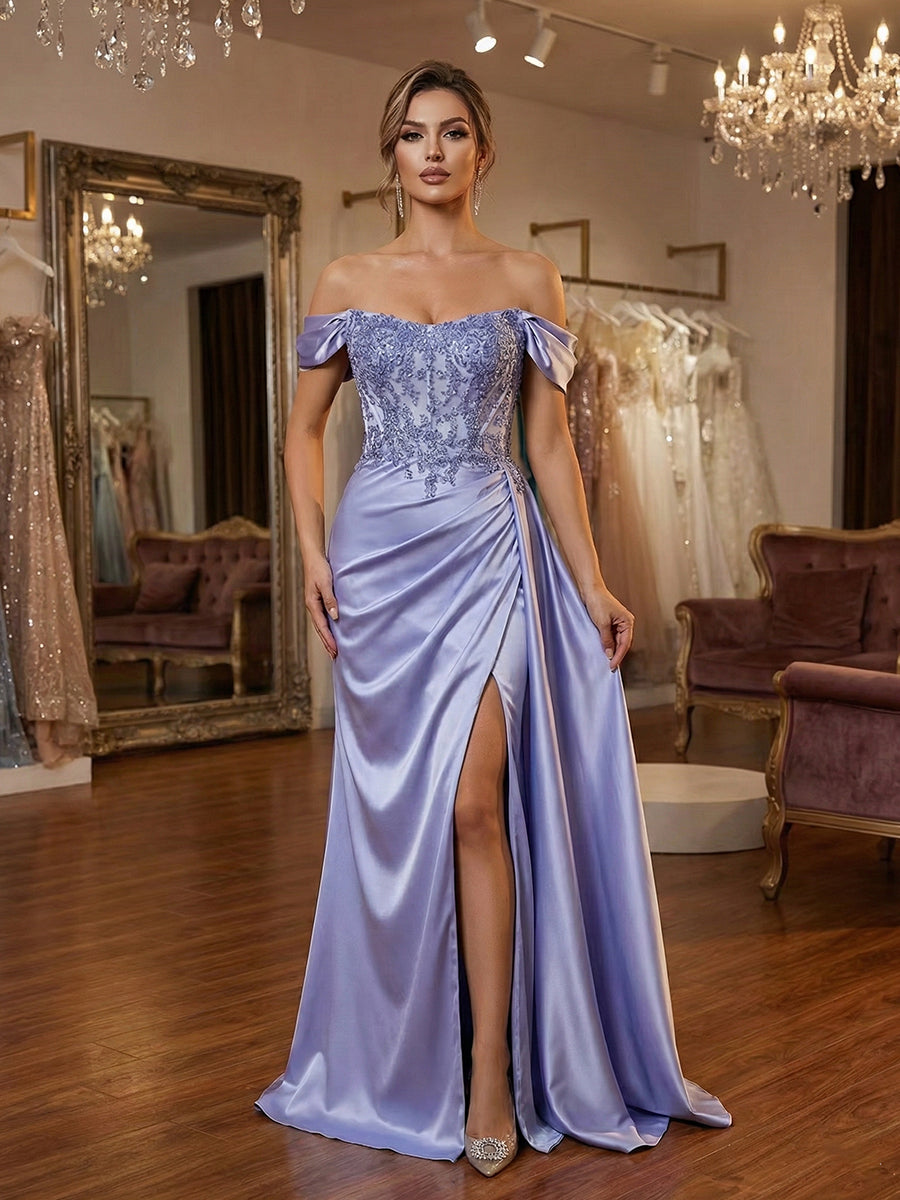 Lilac Off-Shoulder Lace Applique Satin Long Prom Dress with Slit