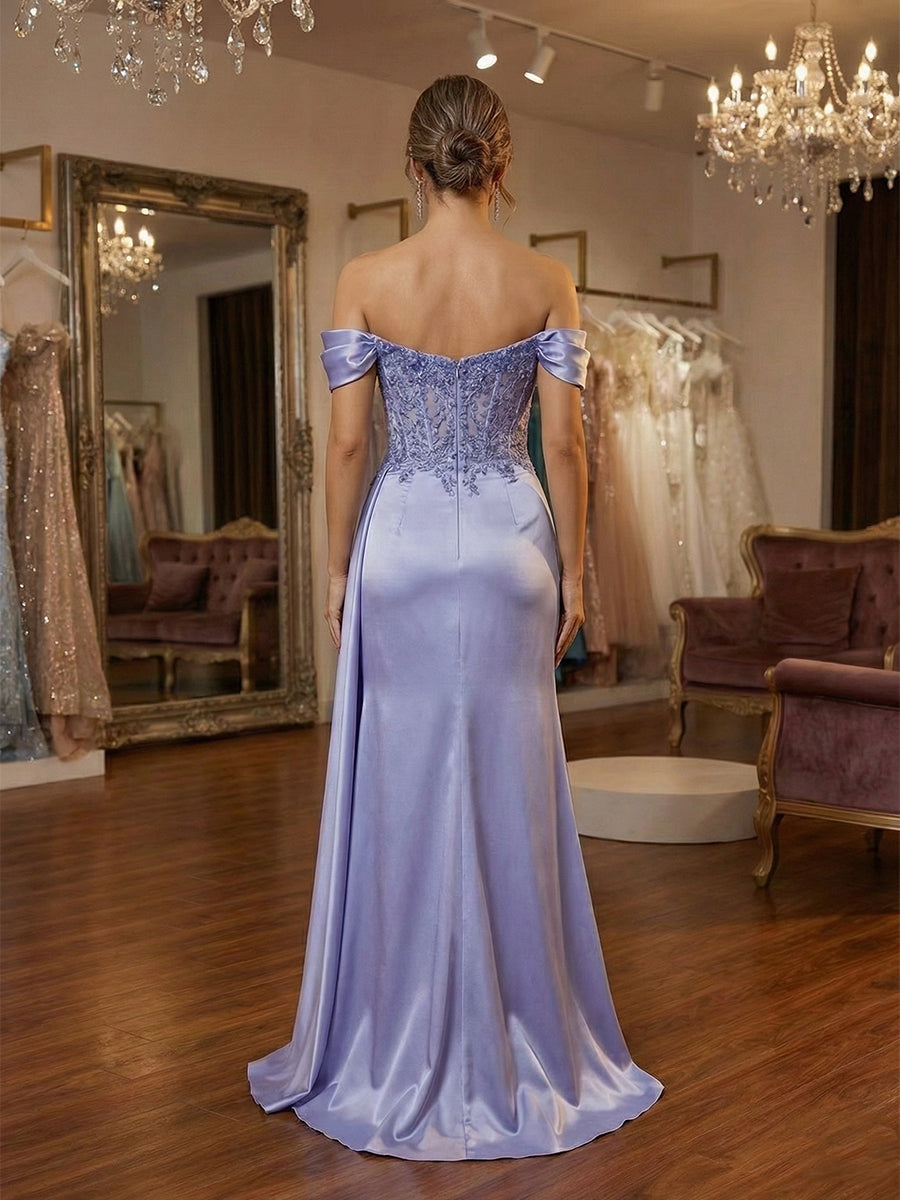 Lilac Off-Shoulder Lace Applique Satin Long Prom Dress with Slit