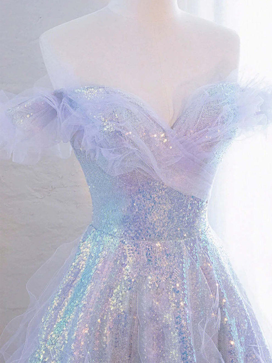Lilac Off The Shoulder Sequins Ruffle Tulle Boho Prom Dress