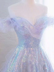 Lilac Off The Shoulder Sequins Ruffle Tulle Boho Prom Dress
