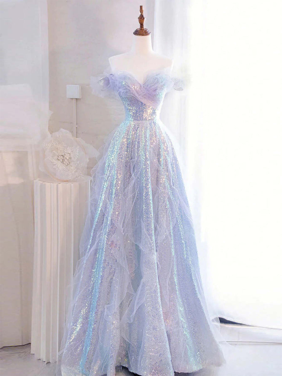 Lilac Off The Shoulder Sequins Ruffle Tulle Boho Prom Dress