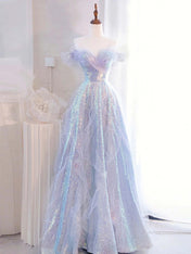 Lilac Off The Shoulder Sequins Ruffle Tulle Boho Prom Dress