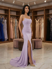 Lilac Ruched Spaghetti Straps Beaded Long Prom Dress with Slit