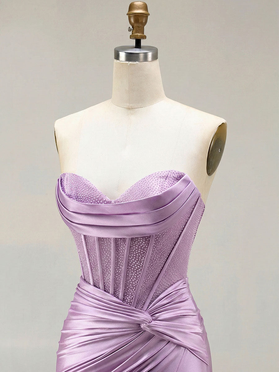 Lilac Satin Strapless Beaded Bodice Cowl Neck Corset Prom Dress