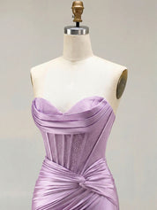 Lilac Satin Strapless Beaded Bodice Cowl Neck Corset Prom Dress